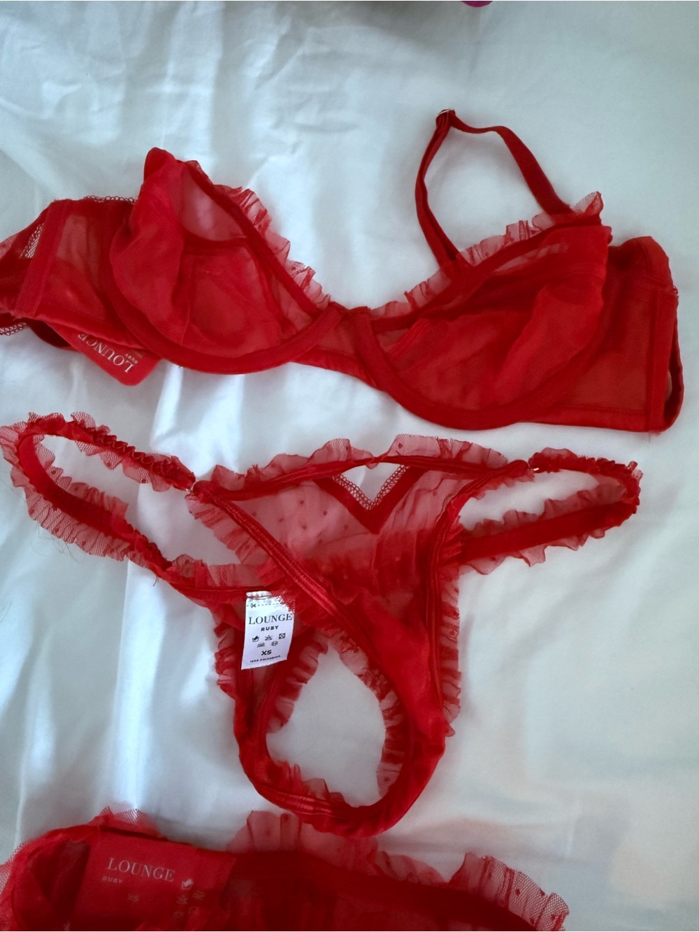 Lounge Underwire Lace Bra, Garter Belt & Panty Set in Red - Picture 2 of 5